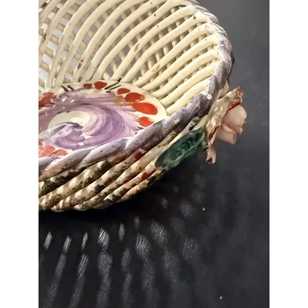 Vintage Spain HandPainted Openwork Pottery Basket Floral Rose Bowl Cottage Decor